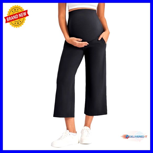Maternity Yoga Capris Over Belly Stretch Wide Leg Cropped Pants with Pockets